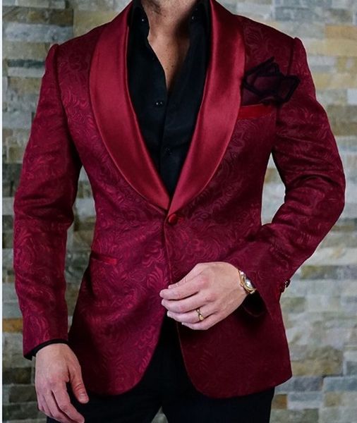 

burgundy butterfly jacquard groom tuxedos embossed three-dimensional pattern men's blazer 2 piece suits wedding dress prom clothing mul, Black;gray