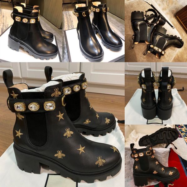 

new ankle boots autumn winter leather shoes rhinestone platform shoes high heels elastic designer doc martens non-slip fashion 35-41, Black