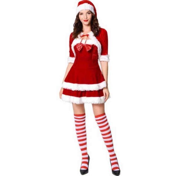 

stage wear christmas cosplay comes for adults female xmas fancy dress with hooded shawl hat new year party women santa claus outfit t220901, Black;red