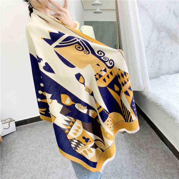 

design shawl scarf dual-purpose women's autumn and national style double-sided shawl thickened to keep warm built outside the, Blue;gray