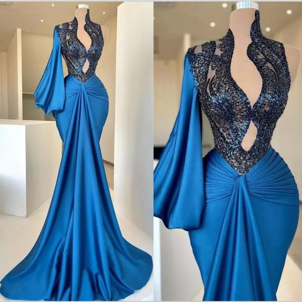 

blue lace stain mermaid evening dresses deep v-neck arabic aso ebi long sleeves prom gown bridesmaid formal dress, Black;red