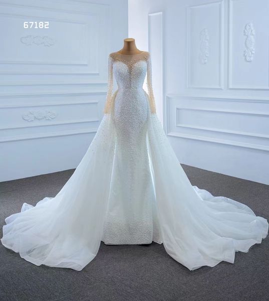 

illusion long sleeve crystal mermaid wedding dress with remove train robe de mariage pearls lace-up corset back bridal gowns, White