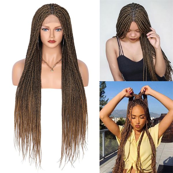 

full head lace box braided wigs synthetic remy hair wig that look real a81112, Black;brown