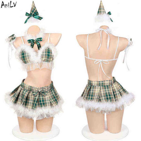 

stage wear anilv cute girl christmas tree green plaid dent uniform come women xmas furry bow hat pajamas lingerie cosplay t220901, Black;red