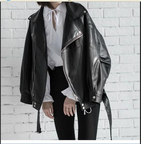 

women's jackets spring black pu leather loose turn-down collar zipper fashion new women's wild jacket, Black;brown