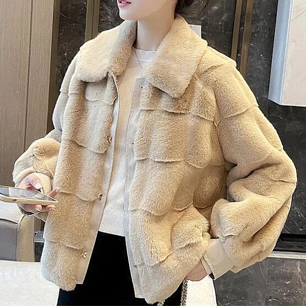 

warm plush jackets women winter outerwear 2022 faux fur coat female artificial rex rabbit fur jacket fluffy coats, Black