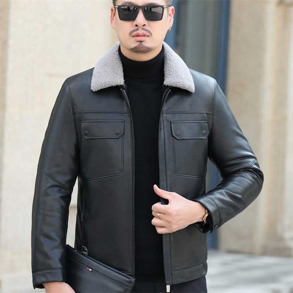 

winter new fur leather jacket short lapel men's down sheepskin coat, Black