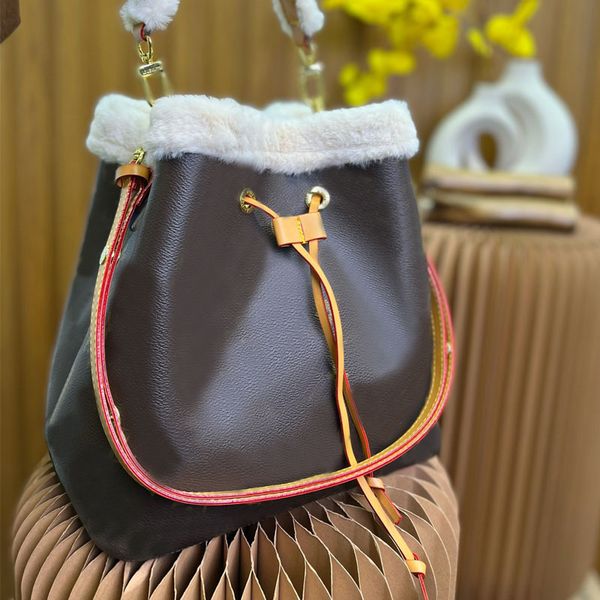 

bucket bag string shoulder bags handbag purse fashion champagne barrel classic letter print grain genuine leather removable strap furry trim