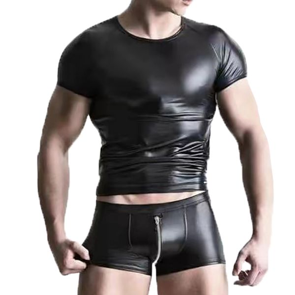 

men's tracksuits 2pcs/sets men pu leather undershirts shorts sleeve fitness t-shirts zipper crotchless porno shorts pants latex clubwea, Gray