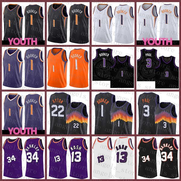 

2021 new devin 1 booker basketball jersey chris 3 paul mens steve 13 nash youth kids charles 34 barkley deandre 22 ayton dark blue, Black;red