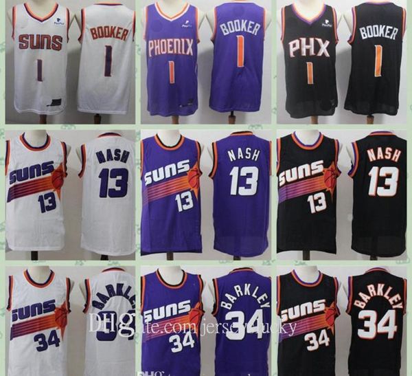 

college wearsmens vintage devin 1 booker steve 13 nash charles 34 barkley basketball jerseys stitched shirts breathable size s-2, Black