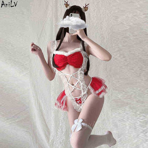 

stage wear anilv christmas eve girl red lace bodysuit pajamas underwear comes women maid erotic lingerie temptation sleepwear t220901, Black;red