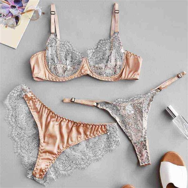 

bras sets women's eyelashes lace stitching underwear underwire bra and panties three-piece thin mesh see-through erotic lingerie set t2, Red;black