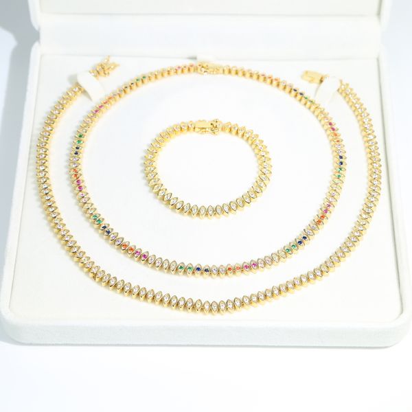 

new design eye tennis chain choker necklace with rainbow cz stone paved gold plated women lady wedding necklace bracelet set jewelry wholesa, Silver