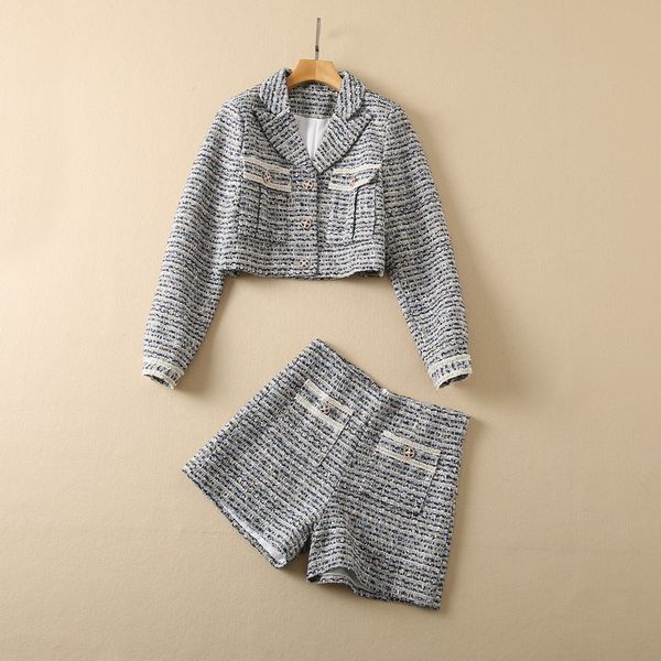 

two piece dress new european and american women's wear for winter 2022 tweed jacket with long-sleeved suit collar shorts fashion suits, White