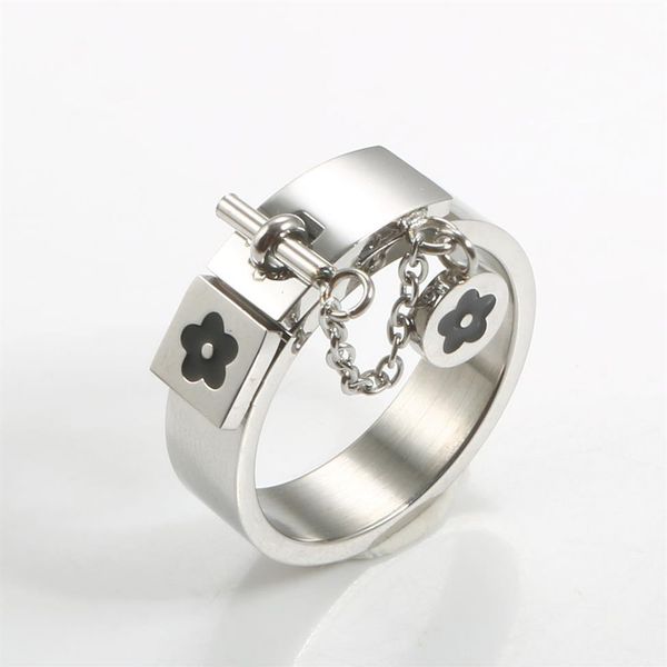 

fashion lucky flower charm with chain ring gold sliver stainless steel love promise finger rings for women men jewelry gift225i, Silver