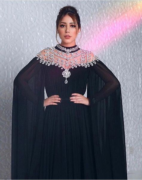 

elelgant muslim black chiffon evening dresses crystal beaded high neck a-line formal party gowns floor length arabic dubai prom outfit long, Black;red