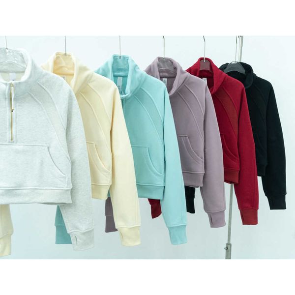 

lu-022 scuba half zipper women's hoodies stand neck sweater pullover high neck plush coat loose yoga jacket, Black