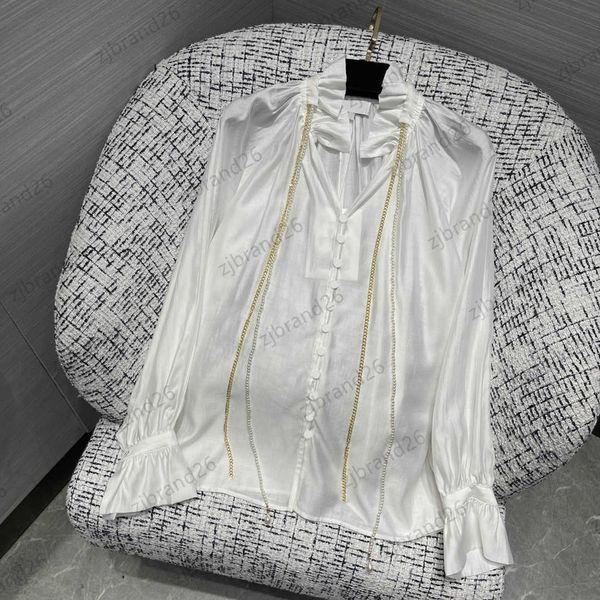 

womens blouses pearl chain ornament deep v patchwork lace collar design shirts soft silk cotton lantern sleeve blouse trend socialite style, White