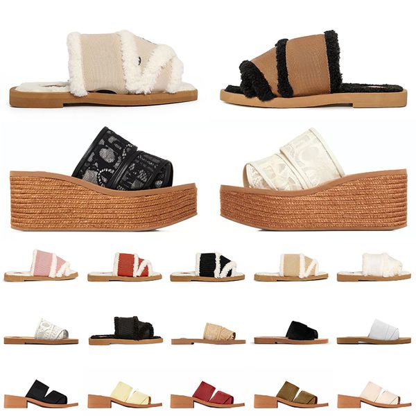 

luxury fashion designer womens slippers ladies platform slides mules fur canvas straw casual sandals triple black white red outdoor beach sh