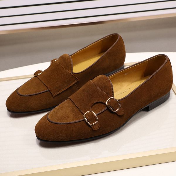 

fashion design suede leather mens loafers black brown green casual dress shoes for wedding party monk strap men shoes size 38-47