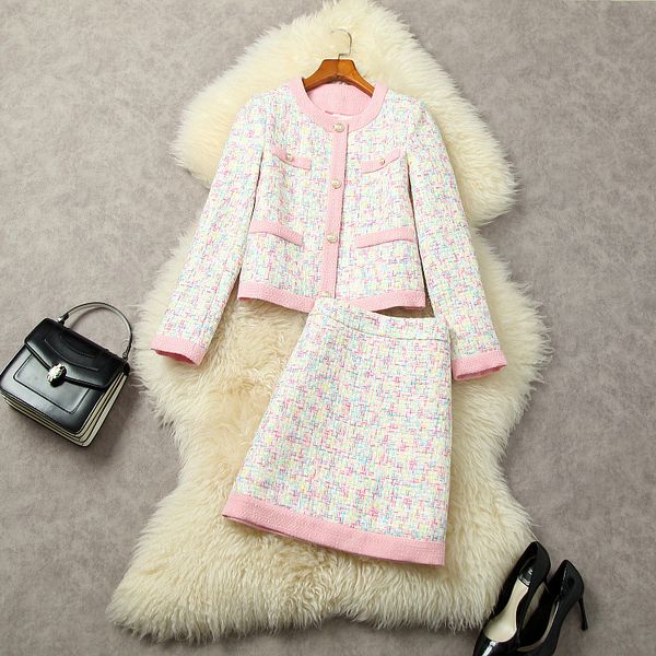 

two piece dress new european and american women's wear for winter 2022 long-sleeved pink single-breasted tweed coat skirts suits, White