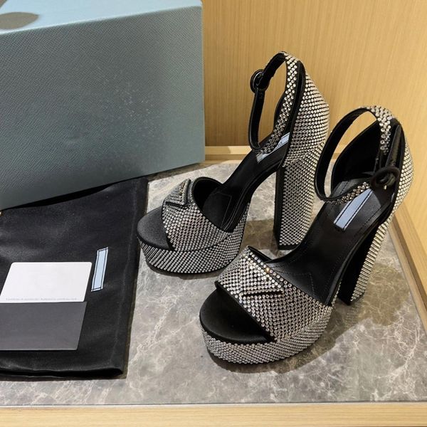 

womens sandals dress shoes high heeled rhinestone party shoe luxury designers thick platform heel classic triangle buckle embellished ankle, Black