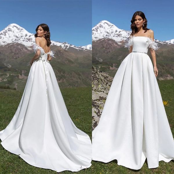 

off shoulder with feather wedding dress a-line matte satin garden simple style bridal gowns, White