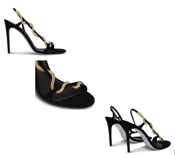 

fashion designer brand renecaovilla morgana sandals shoes gold crystal snake wrapped women high heels gladiator sandalias lady dress bridal, Black