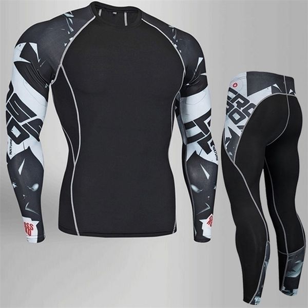 

mens thermal underwear compression sports underwear mma rash guard male fitness leggings jogging tshirt quick dry gym workout sport suit 4xl, Black;white