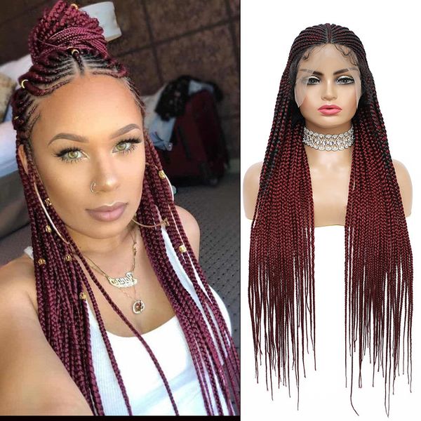 

hd lace front box braided dreads wigs synthetic remy hair wig that look real 36inch a12345, Black;brown