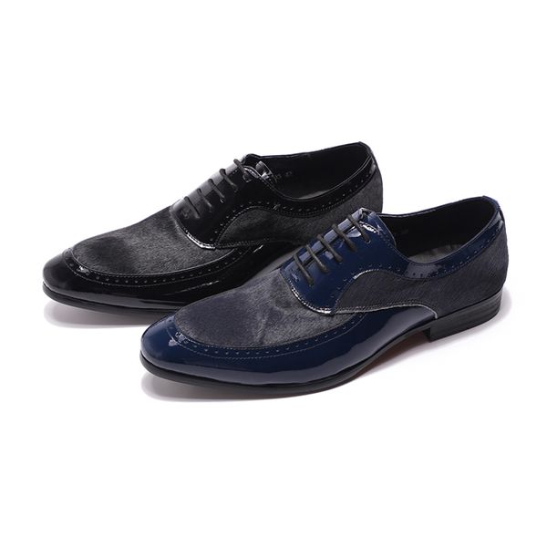 

mens dress shoes patent leather with horse hair black blue lace up men oxfords wedding party casual business footwear