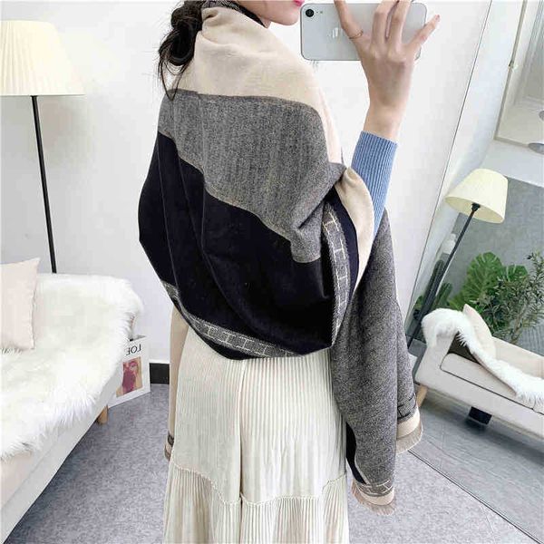 

version design korean autumn women's and new scarf contrast color splicing imitation cashmere long thickened warm shawl travel p bib, Blue;gray