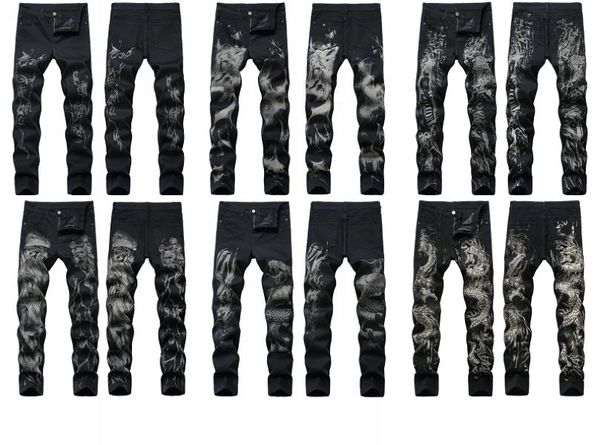 

new brand men's casual black biker jeans elastic slim cotton denim skinny pants printing size 29-38, Blue