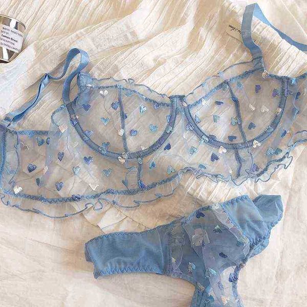 

bras sets women ultra thin underwear fashion embroidery heart lace trim bra set summer blue gypsophila romantic lingerie t220907, Red;black