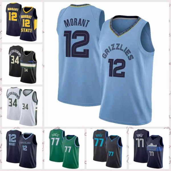 

college wear 2021 vintage men retro classic basketball jersey ja 12 morant giannis 34 antetokounmpo 77 luka shirts breathable short black bl