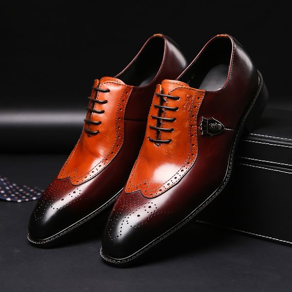 

luxury classic mens brogue oxford dress shoes genuine cow leather brown pointed toe lace-up wedding party formal shoe for men, Black