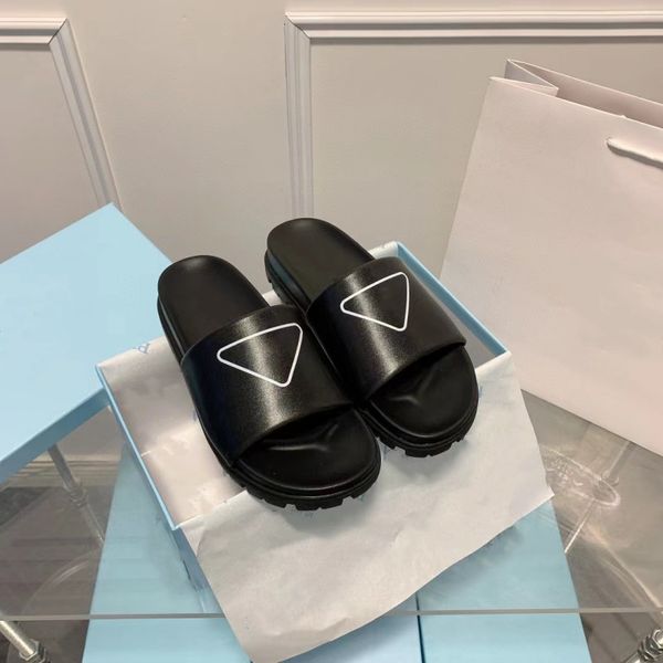 

slippers classic triangle logo women sandals new designer diamond letter brand beach shoes wide platform shoes luxury leather indoor outdoor, Black