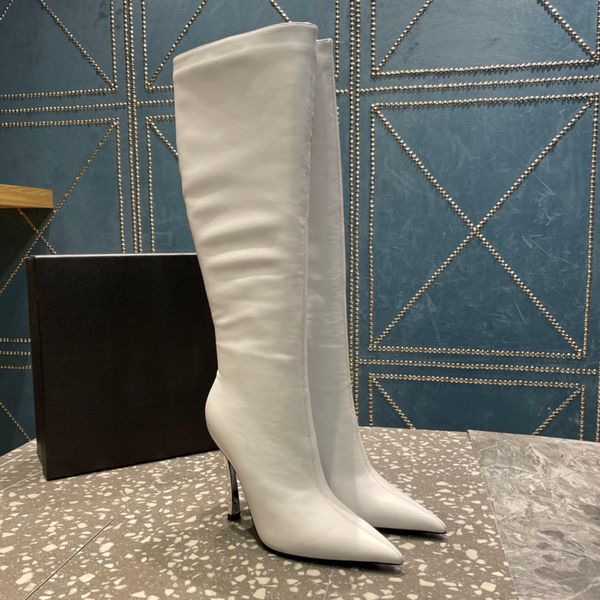 

white lambskin leather knee-high boots side zip shoes pointed toe 10cm heel tall boot fashion stiletto booties luxury designers shoe for wom, Black