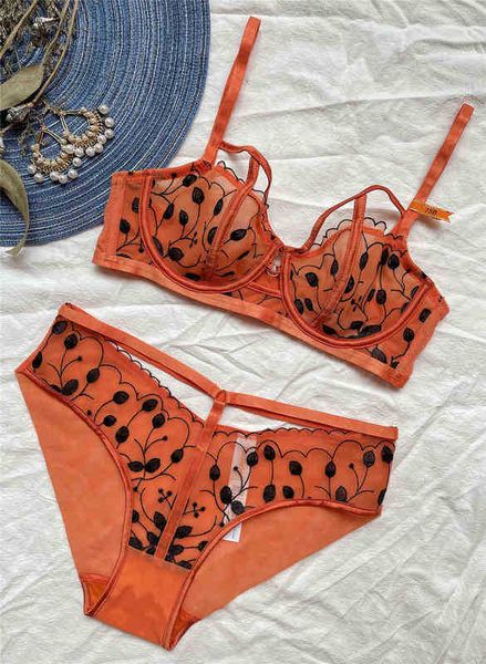 

bras sets wriufred thin fashion contrast color lingerie embroidery underwear women no sponge big breasts perspective bra panty set t220907, Red;black