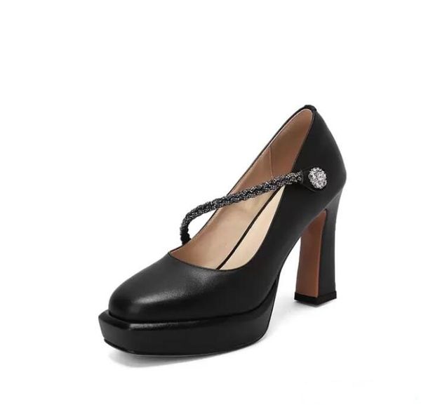 

luxury dress shoes woman bottoms high heels platform round toe soft natural genuine leather patent jewel brilliant occupation fashion walkin, Black