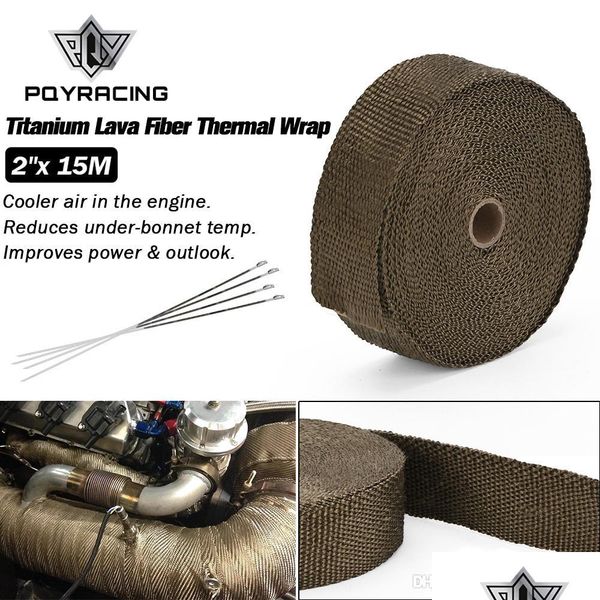 

heat shields pqy - 2"x 15meter premium exhaust heat wrap manifold titanium lava fiber thermal and 6 pcs ties pqy1915t drop delivery 2 d