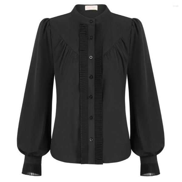 

women's blouses bp women ruffle decorated shirt long lantern sleeve stand collar button-up solid victorian vintage blouse ol workwear, White