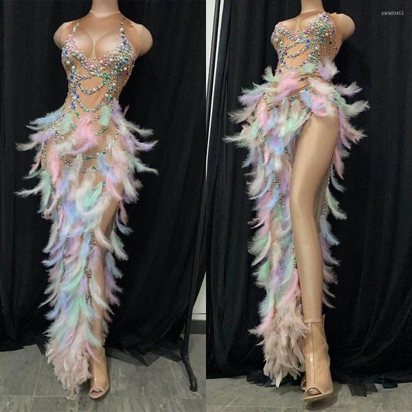 

stage wear sparkly print feather long dress drag queen costume prom birthday celebrate outfit pink elegant, Black;red