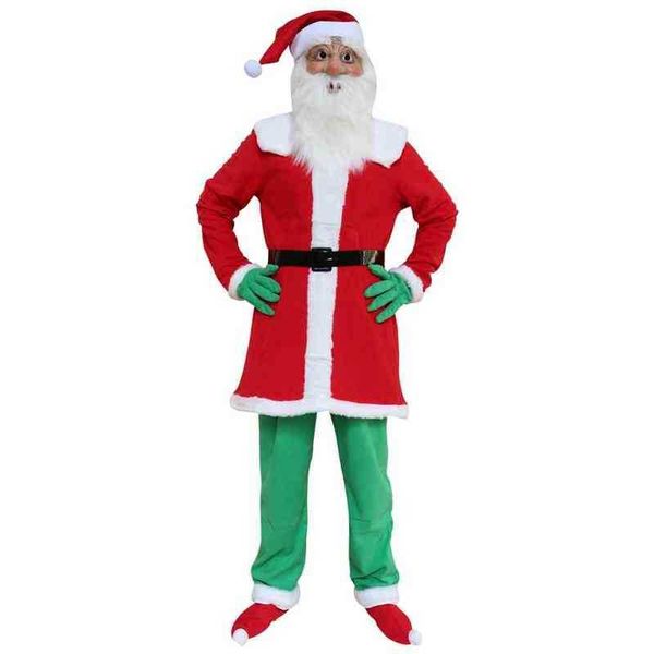 

stage wear santa claus come mask christmas cosplay plush father outfit fancy dress xmas men coat pants beard belt hat full set t220901, Black;red