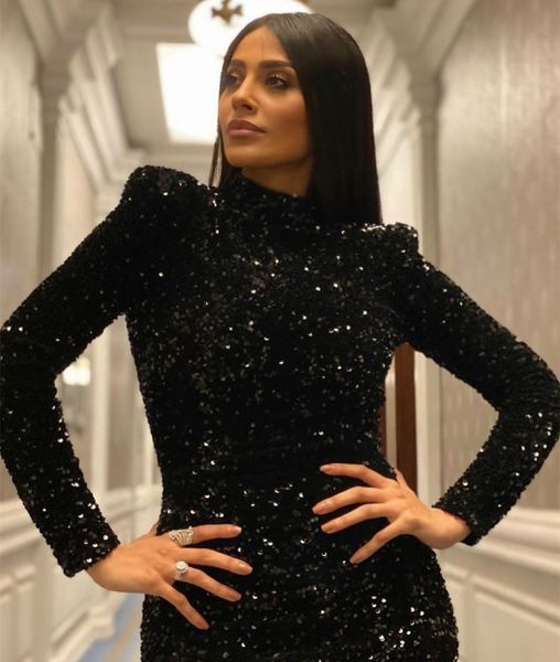 

vintage high neck black velvet muslim evening dresses sheath sequined zipper back ankle length robe de mariee party gowns, Black;red