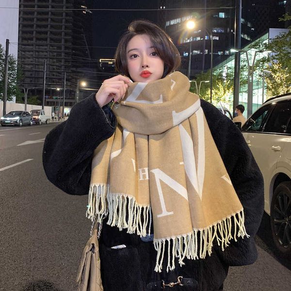 

classic scarf cyber red letter jacquard women's lengthened tassel vpnh double sided two color cashmere shawl versatile neckwear, Blue;gray