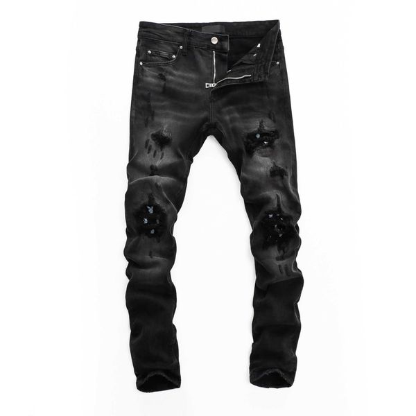 

designer brand men jeans wear hole patch youth slim print pants black, Blue