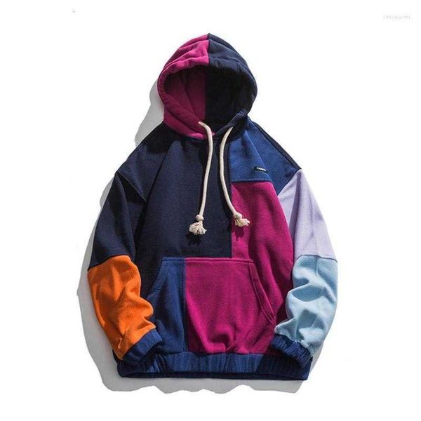 

men's hoodies sweatshirts polar fleece hip hop autumn streetwear drill back color block patchwork pullover for male loose fitmen's, Black