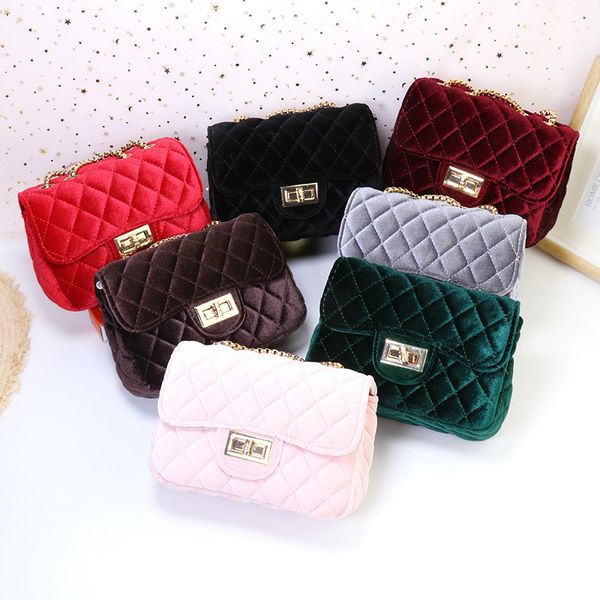 

fashion kids diamond pleuche handbags girls metal chain crossbody bag children one shoulder square bags a9202, Black